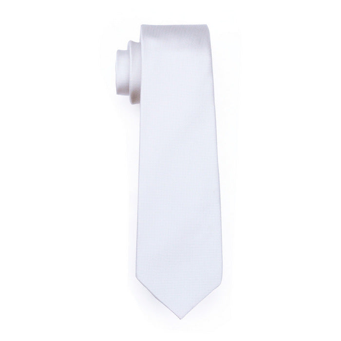  White Wedding Necktie Solid Men Tie Pocket Square Cufflinks Set