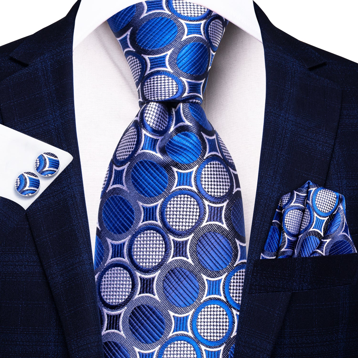 Hi-Tie Royal Blue White Circle Tie Pocket Square Cufflinks Set