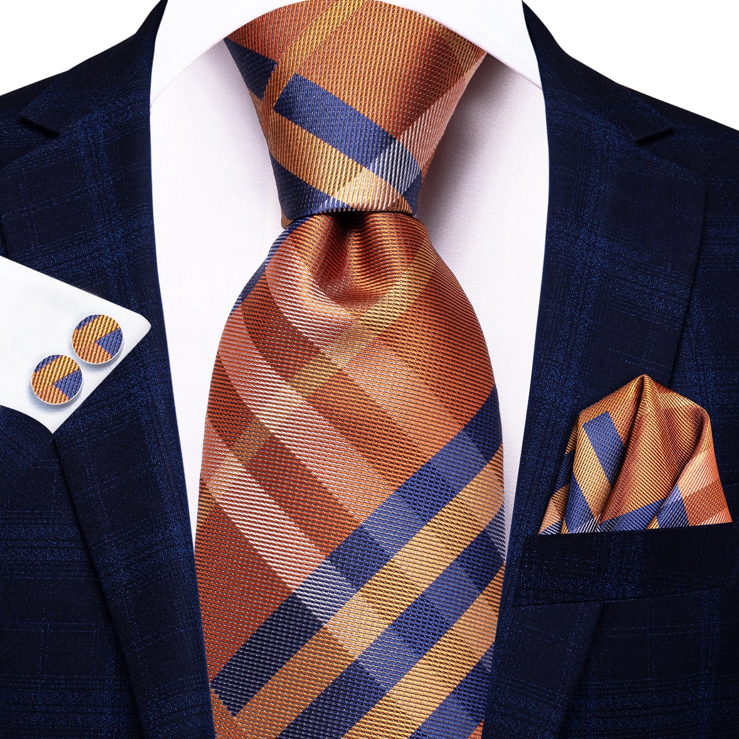 Dark Blue suit Orange necktie 