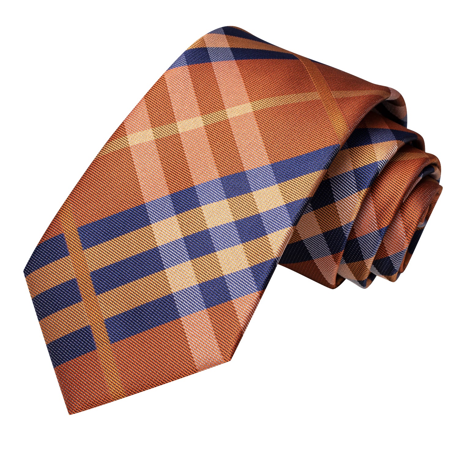 Orange Necktie Blue Checkered Tie Pocket Square Cufflinks Set