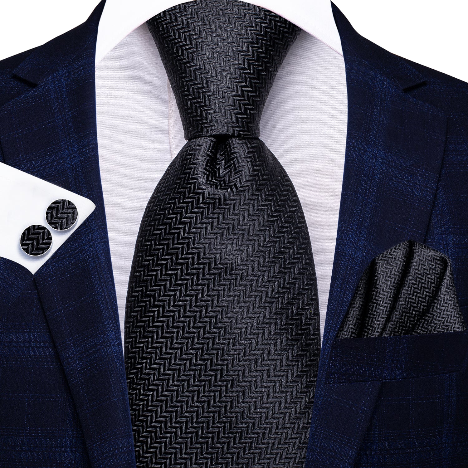  Necktie Black Woven Striped Men Tie Pocket Square Cufflinks Set