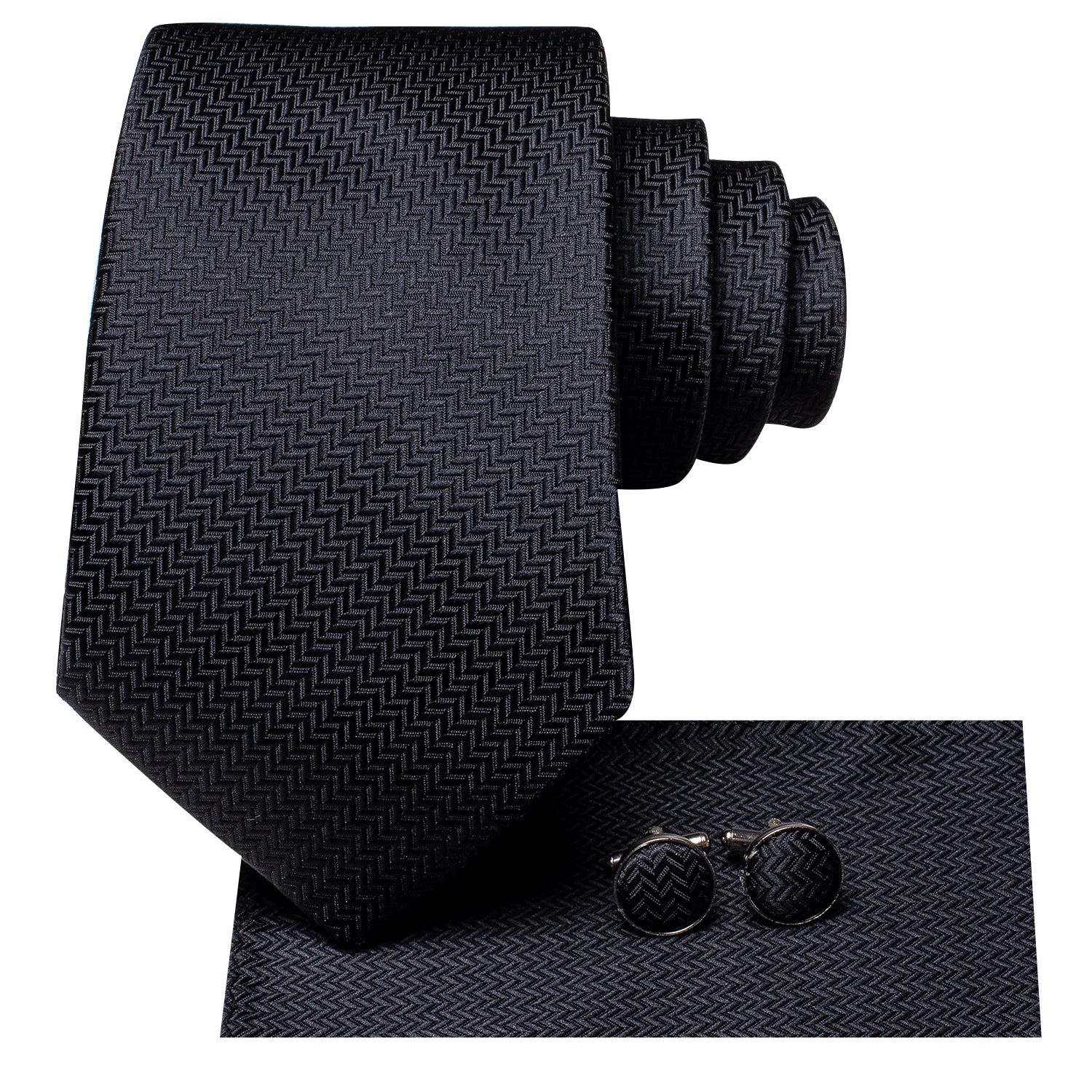  Necktie Black Woven Striped Men Tie Pocket Square Cufflinks Set