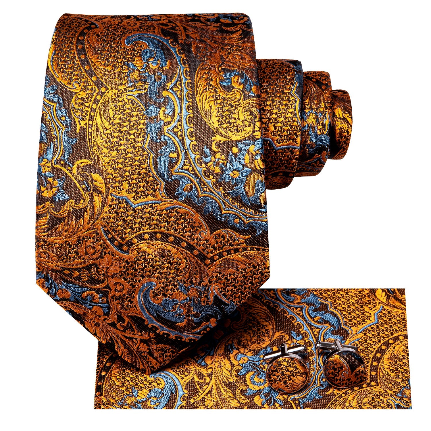 Gold LightCyan Paisley Tie Pocket Square Cufflinks Set