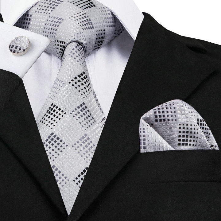  Silver White Plaid Silk Men's Tie Pocket Square Cufflinks Set