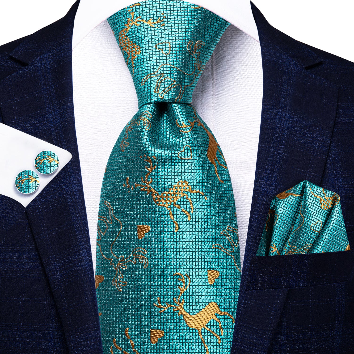 Teal Golden Elk Christmas Necktie Pocket Square Cufflinks Set