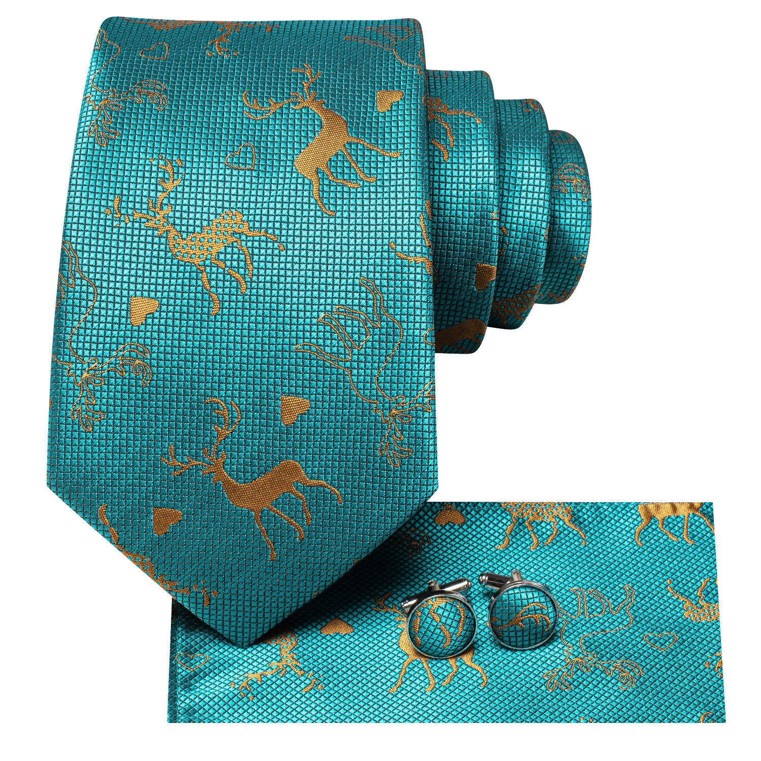 Teal Golden Elk Christmas Necktie Pocket Square Cufflinks Set