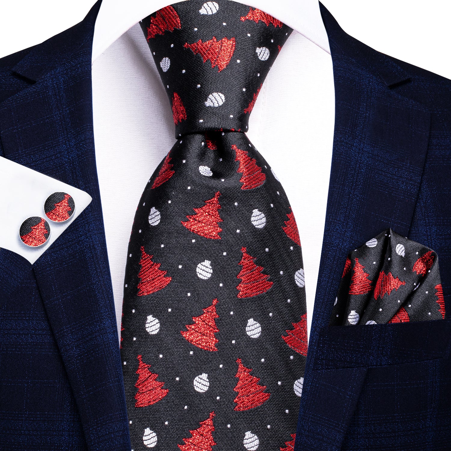 Black Red Christmas Tree Necktie Pocket Square Cufflinks Set