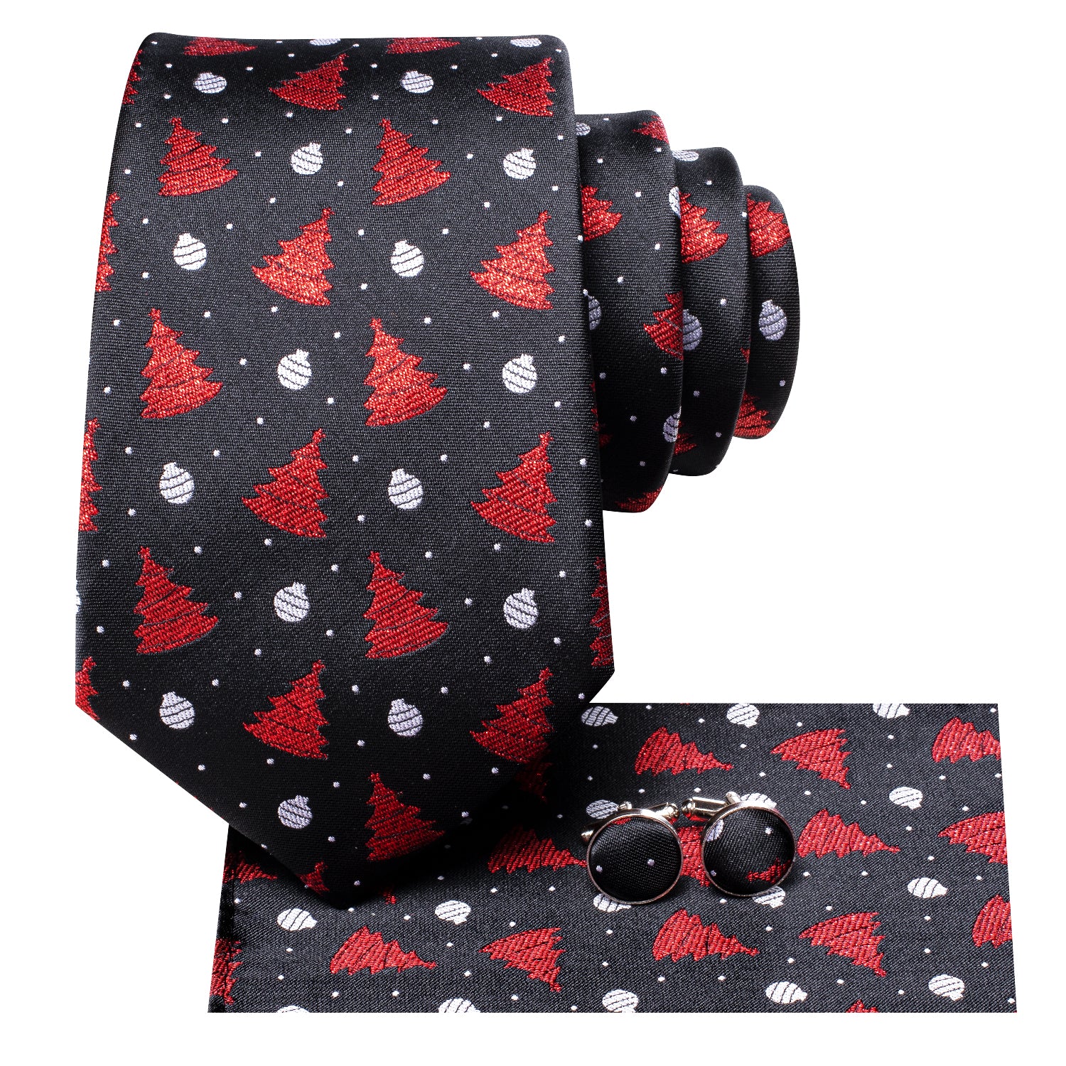 Black Red Christmas Tree Necktie Pocket Square Cufflinks Set