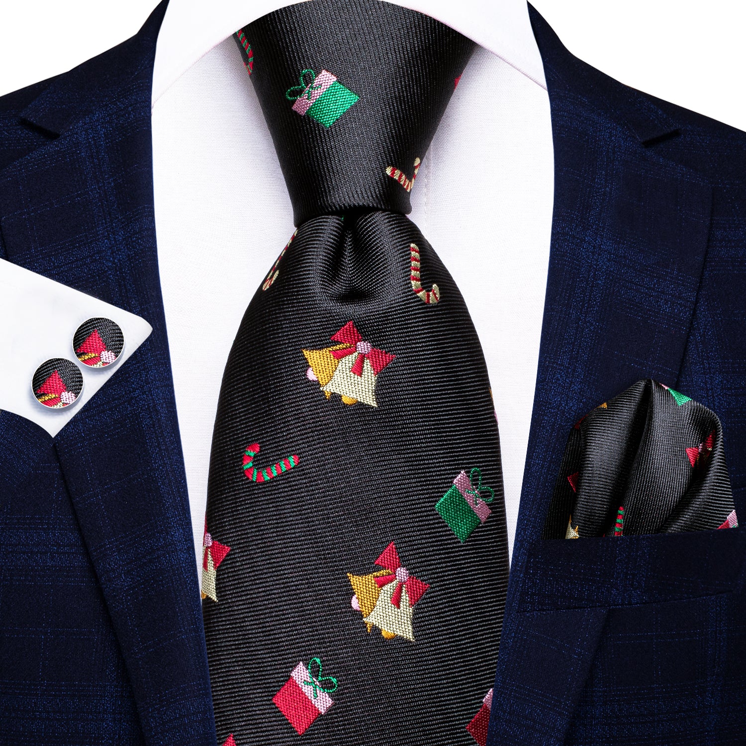 Black Colorful Christmas Gift Tie Pocket Square Cufflinks Set