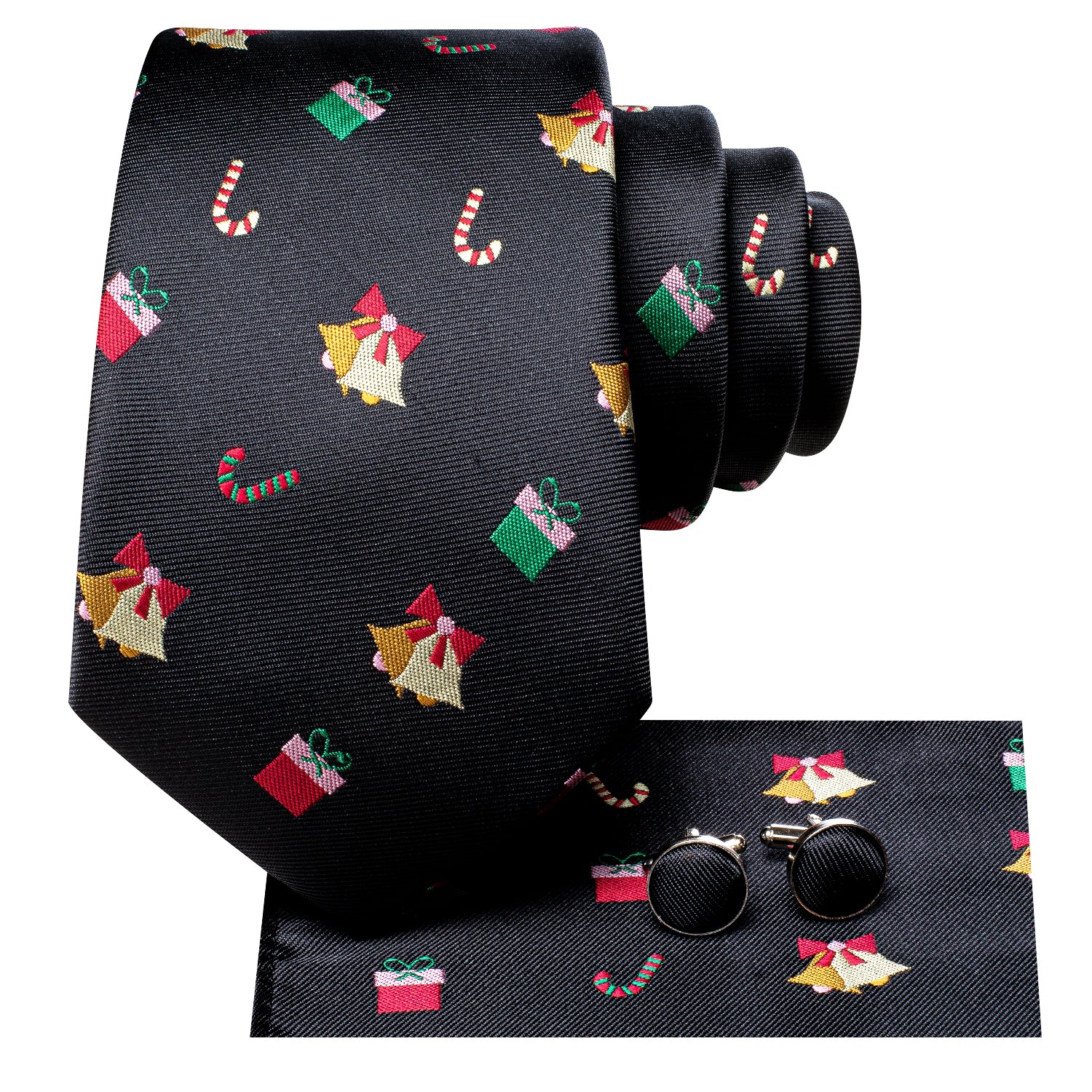 Black Colorful Christmas Gift Tie Pocket Square Cufflinks Set