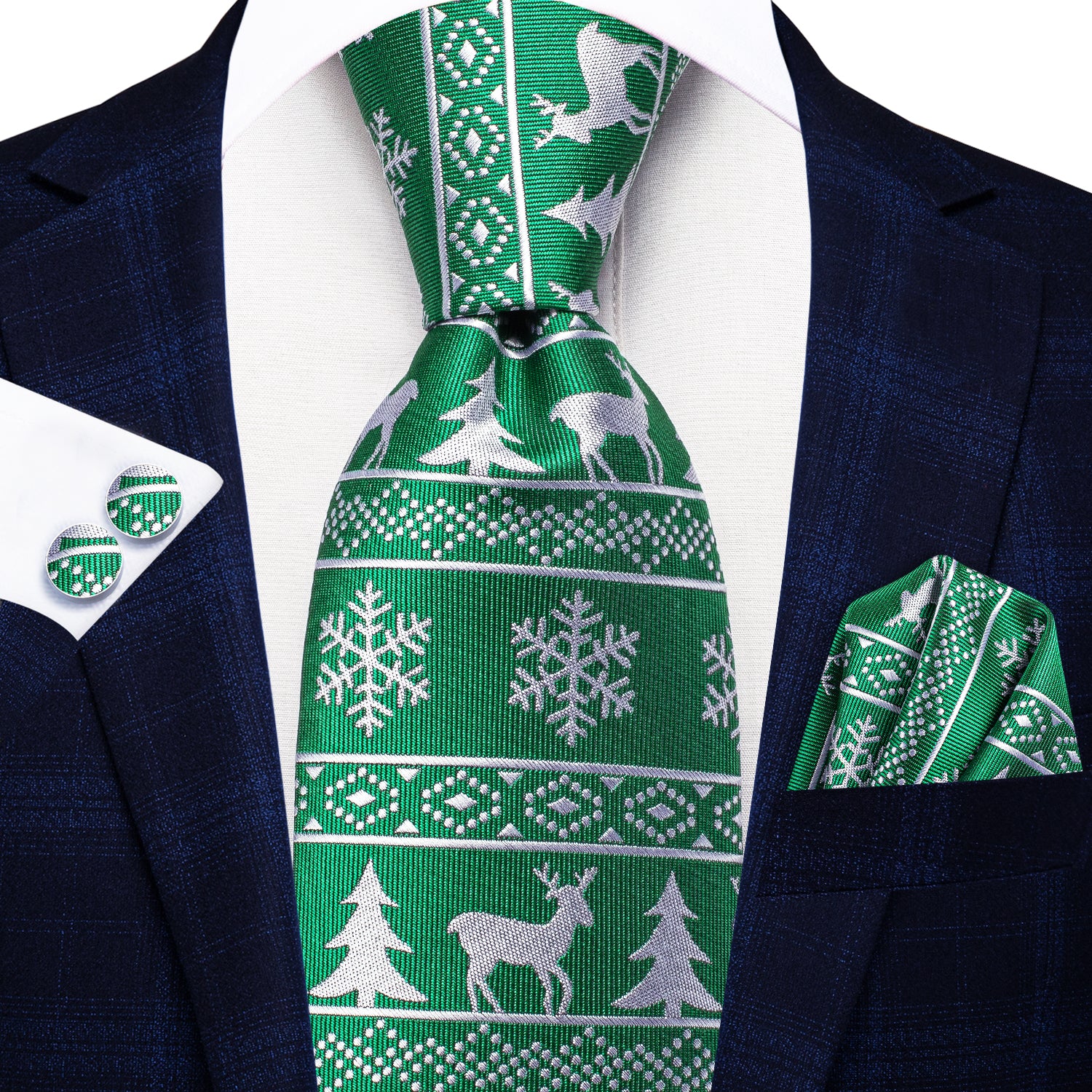 Green White Novelty Christmas Tie Pocket Square Cufflinks Set