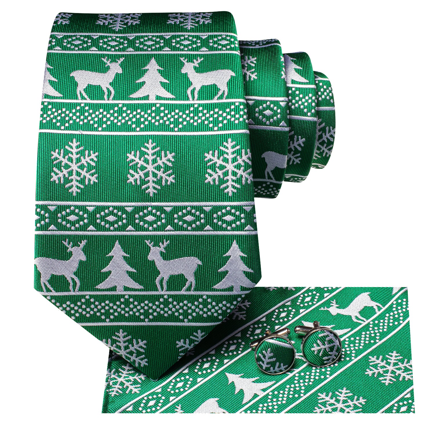 Green White Novelty Christmas Tie Pocket Square Cufflinks Set