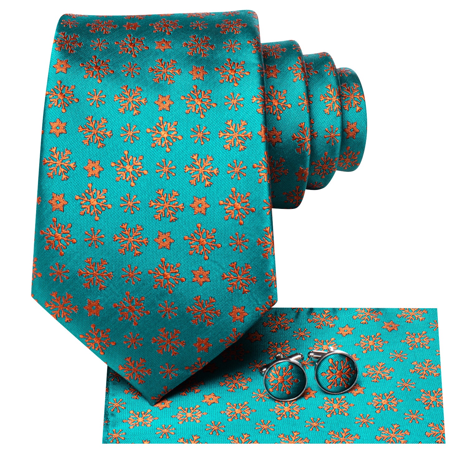 Teal Orange Snow Christmas Necktie Pocket Square Cufflinks Set