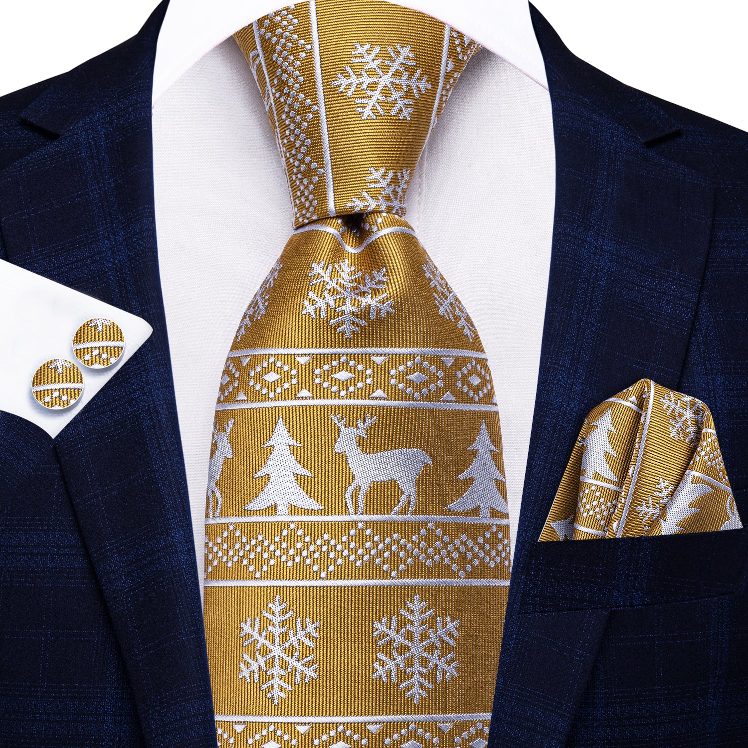 Golden White Elk Christmas Necktie Pocket Square Cufflinks Set