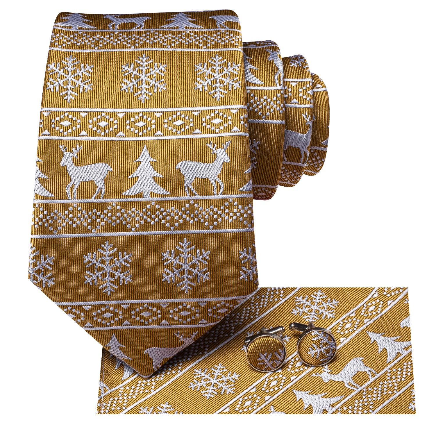 Golden White Elk Christmas Necktie Pocket Square Cufflinks Set