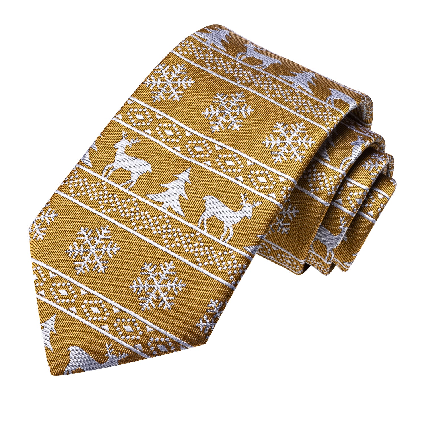 Golden White Elk Christmas Necktie Pocket Square Cufflinks Set