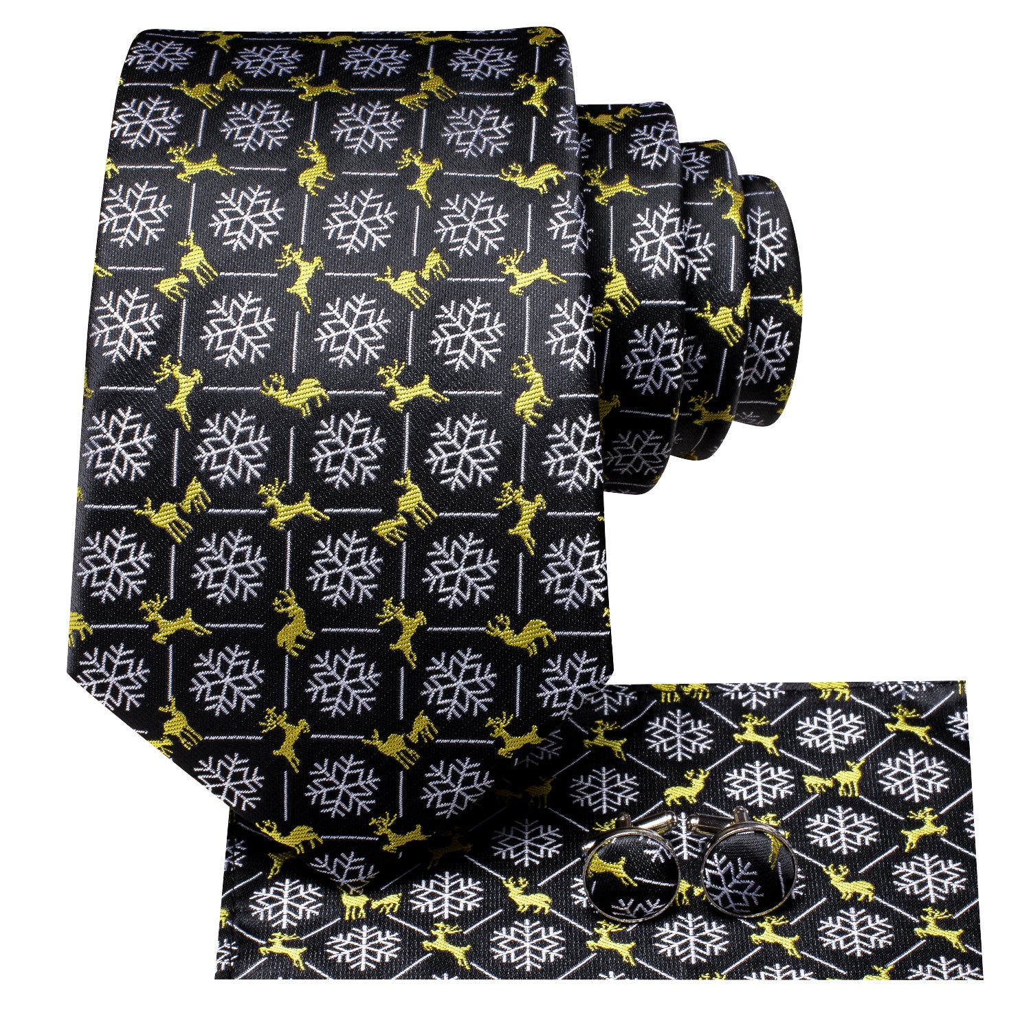 Hi-Tie Black White Snow with Yellow Elk Christmas Necktie Pocket Square Cufflinks Set