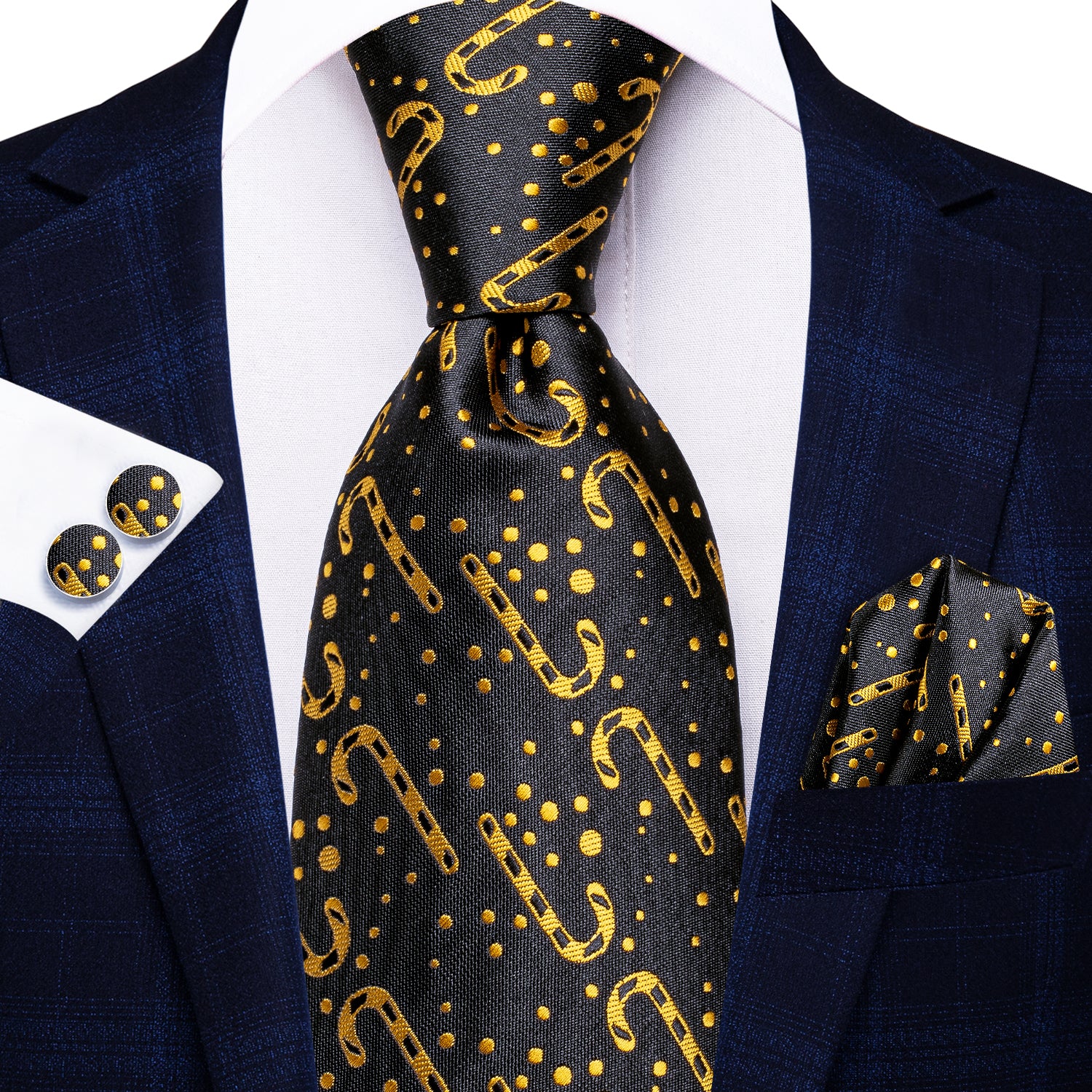 Black Golden Christmas Cane Necktie Pocket Square Cufflinks Set