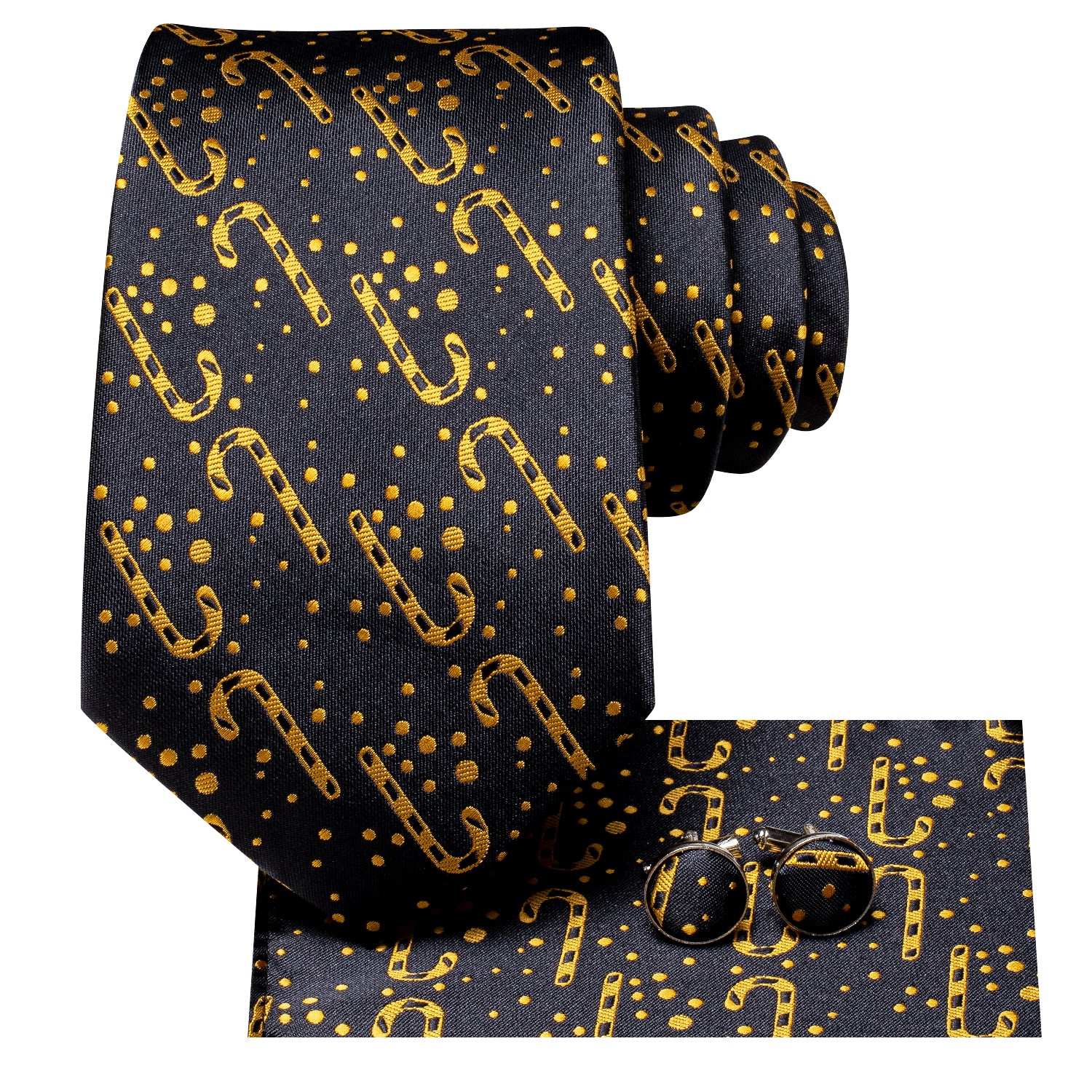 Black Golden Christmas Cane Necktie Pocket Square Cufflinks Set