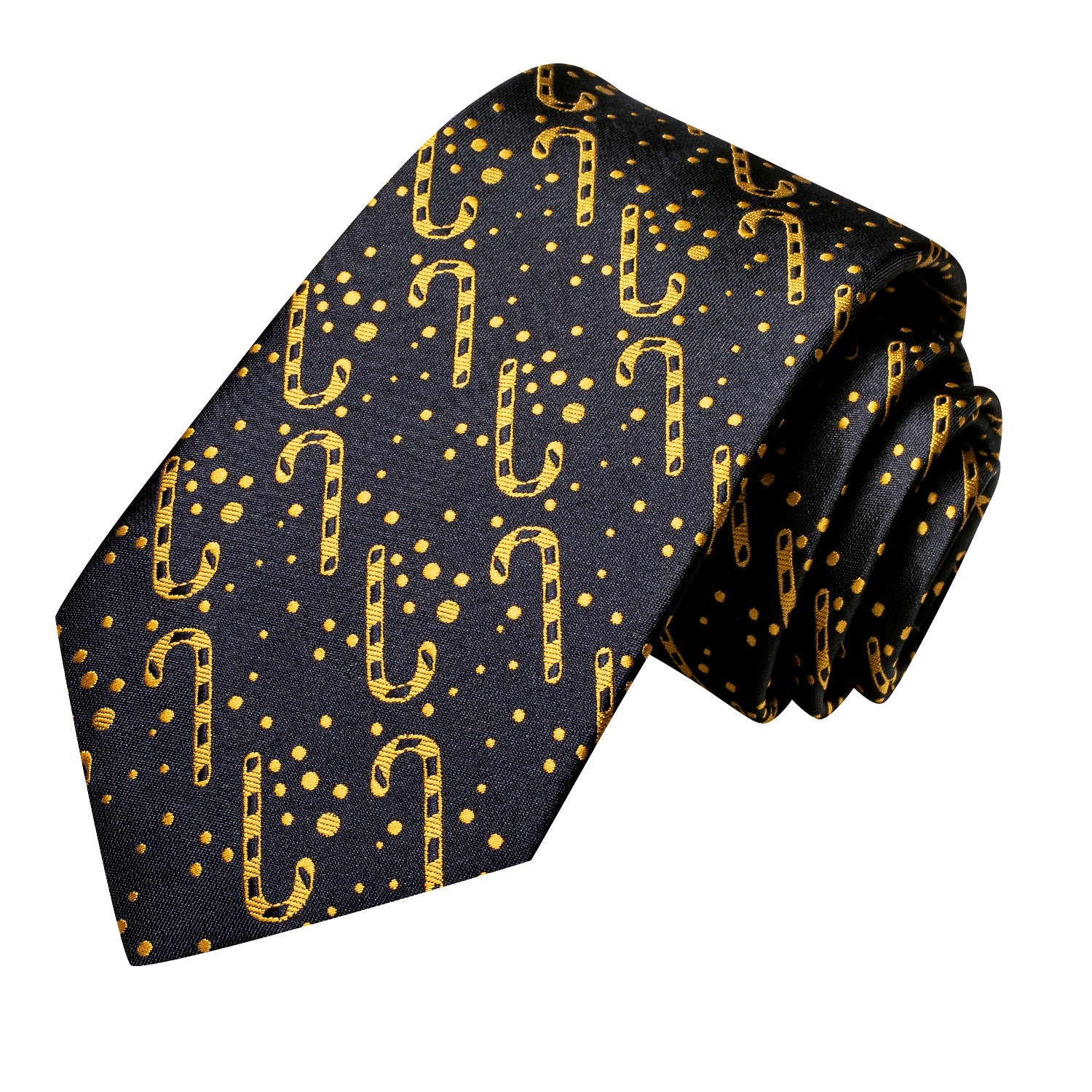 Black Golden Christmas Cane Necktie Pocket Square Cufflinks Set