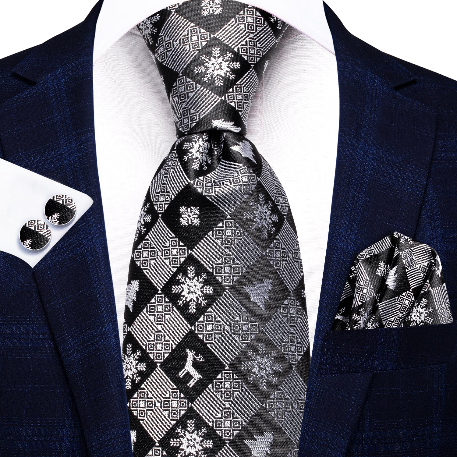 Black Grey Snow Novelty Christmas Necktie Pocket Square Cufflinks Set