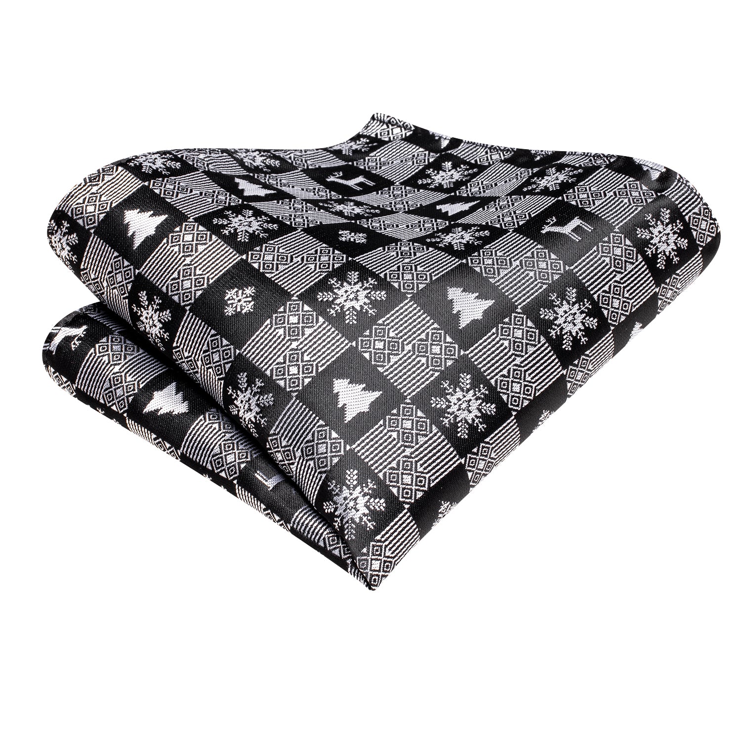 Black Grey Snow Novelty Christmas Necktie Pocket Square Cufflinks Set