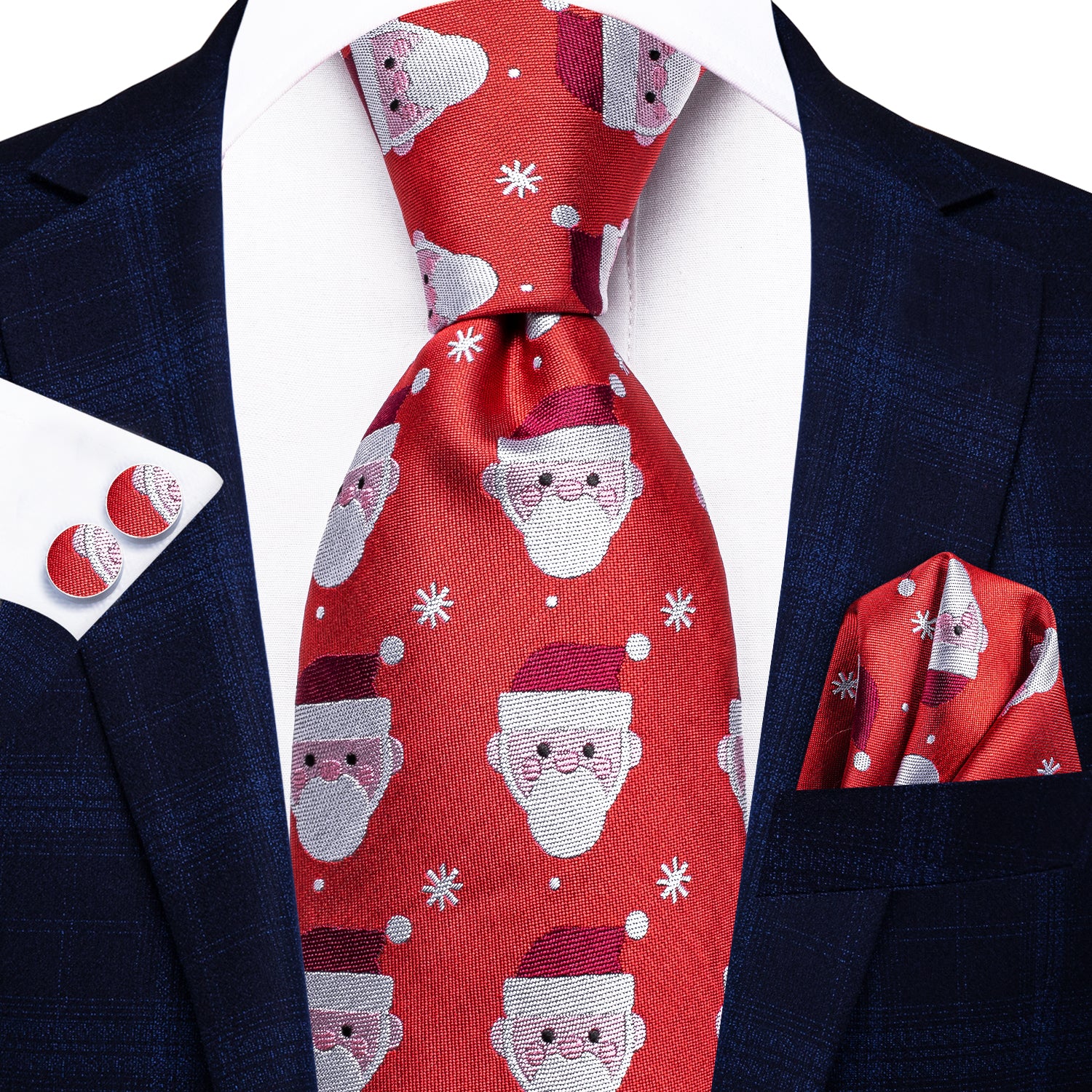 Hi-Tie Red Santa Novelty Christmas Necktie Pocket Square Cufflinks Set