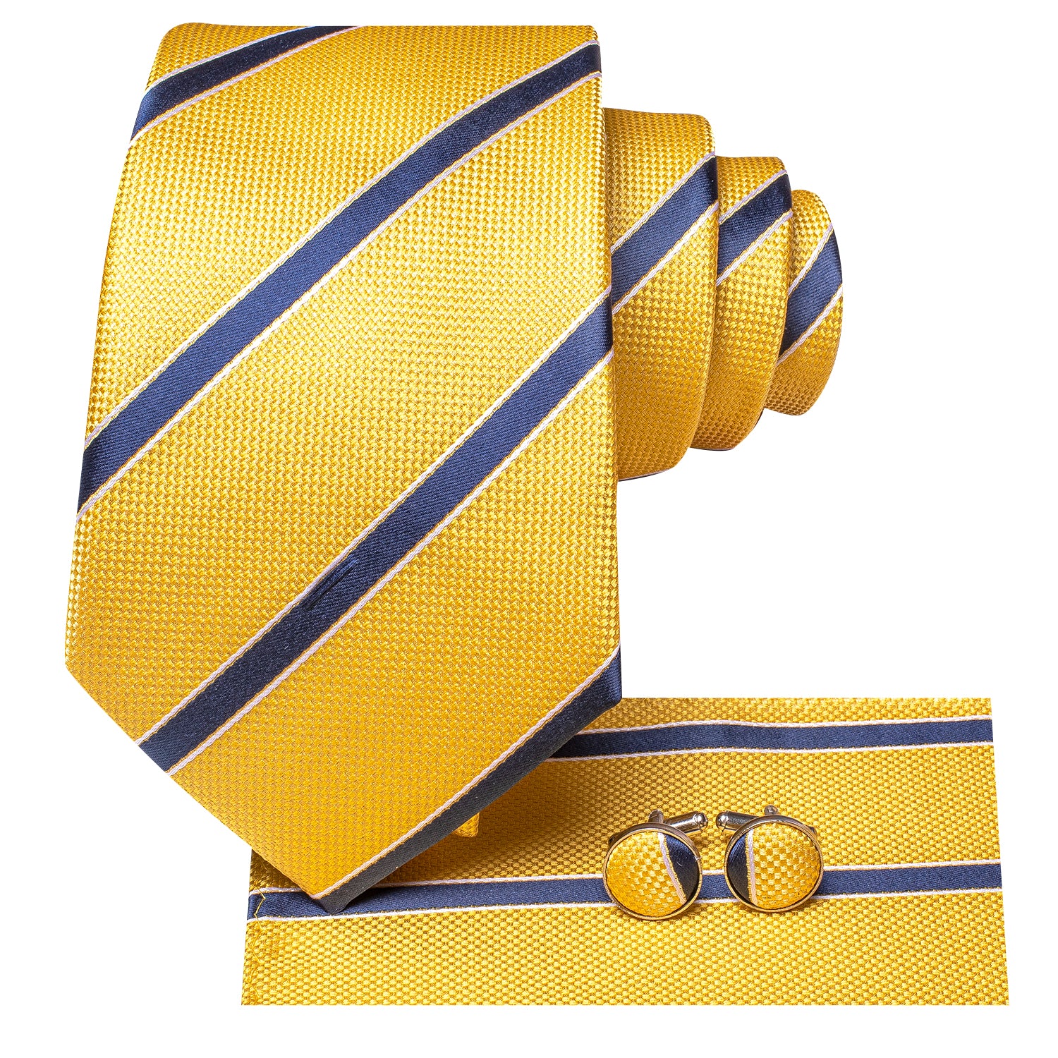 Yellow Deep Blue Striped Silk Men's Necktie Hanky Cufflinks Set