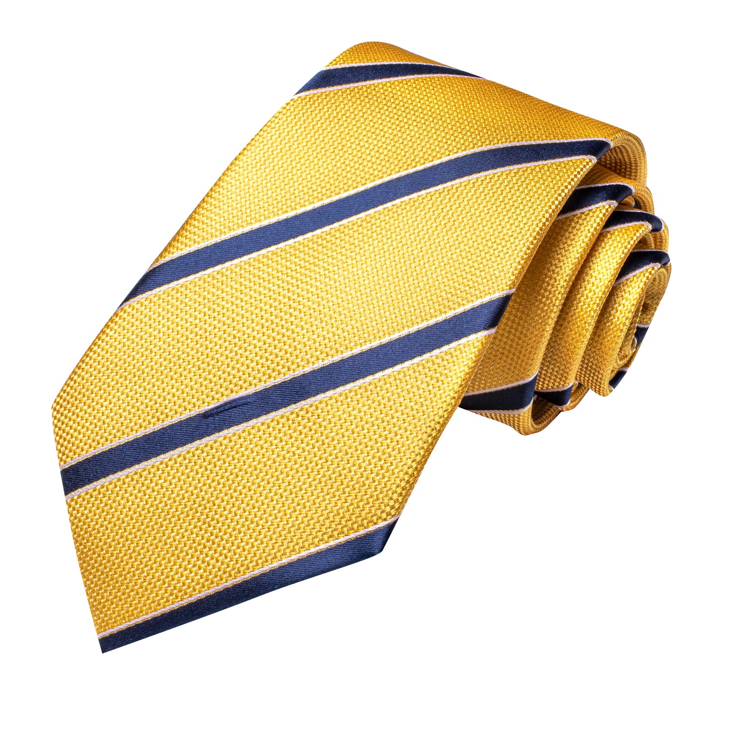 Yellow Deep Blue Striped Silk Men's Necktie Hanky Cufflinks Set