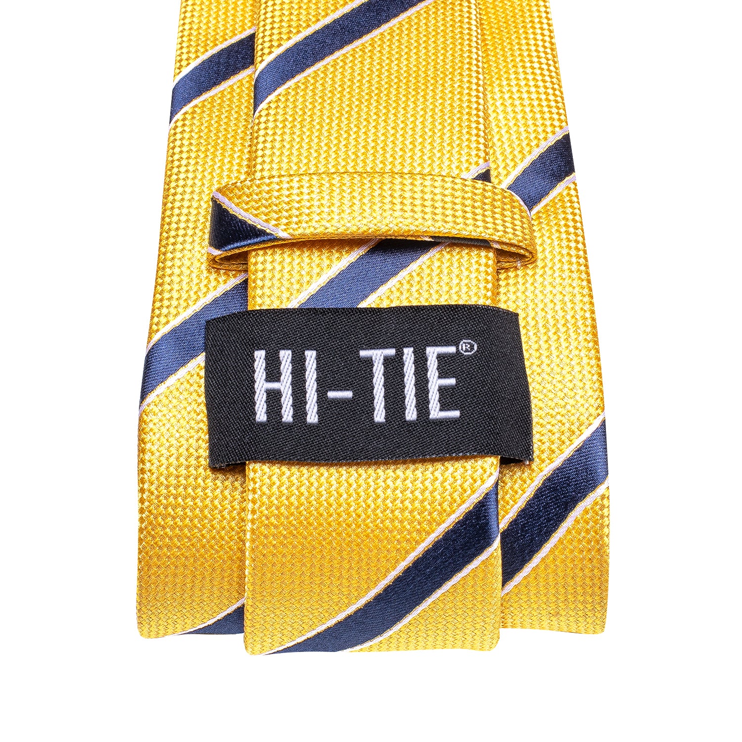 Yellow Deep Blue Striped Silk Men's Necktie Hanky Cufflinks Set