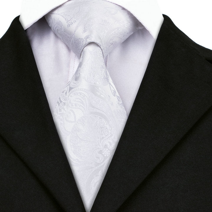  Pure White Paisley Silk Men's Tie Pocket Square Cufflinks Set