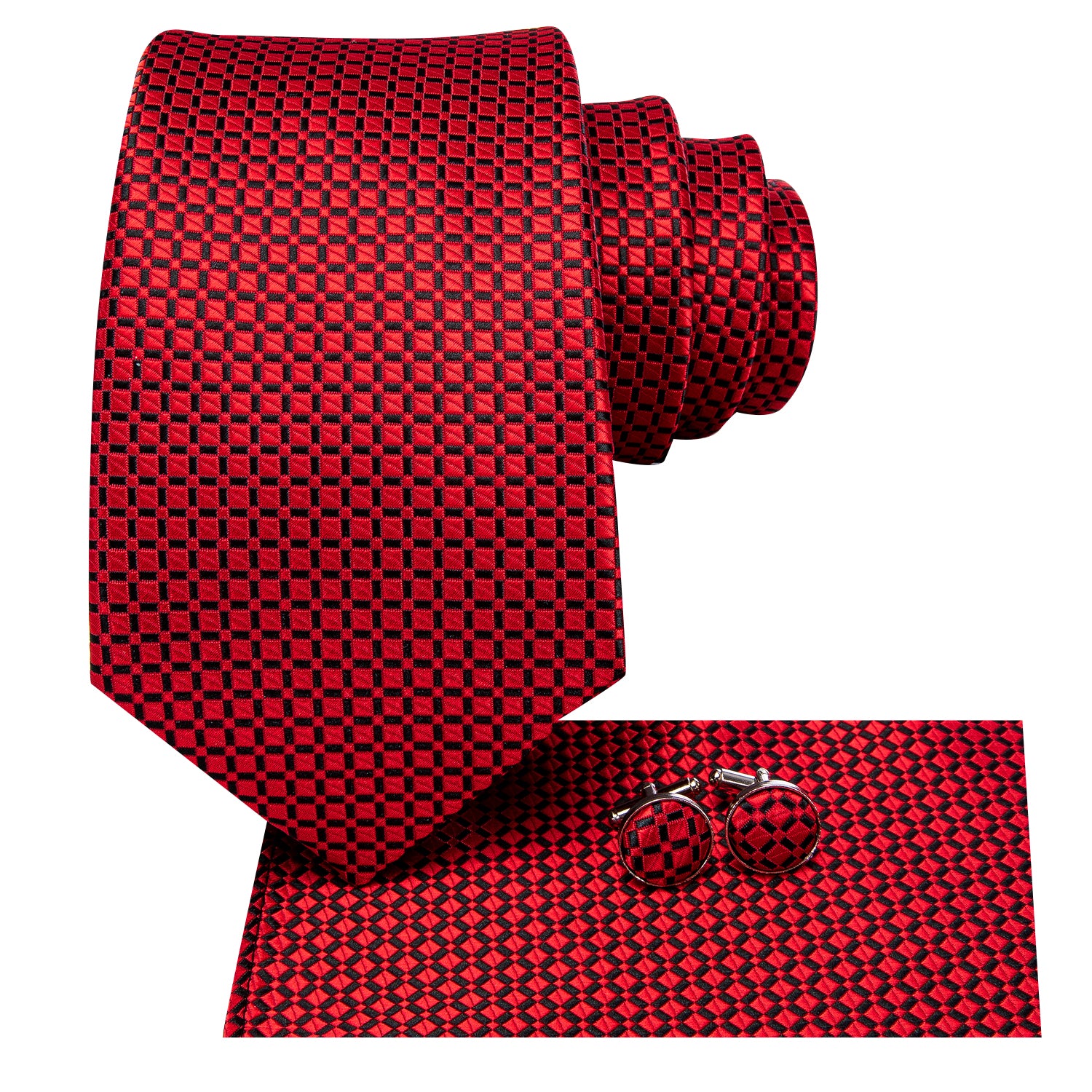 Red Plaid 67 Inches Extra Long Tie Handkerchief Cufflinks Set