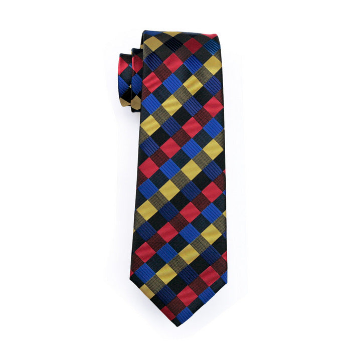 Checkered Neck Tie Red Yellow Blue Plaid Silk Men's Necktie Set