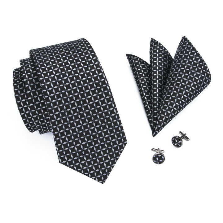 Black White Plaid Silk Men's Tie Pocket Square Cufflinks Set