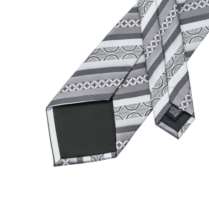 Silver Grey Novelty Striped Silk Men's Tie Hanky Cufflinks Set