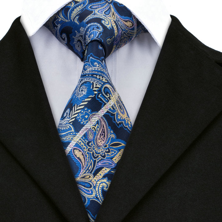 Deep Blue Paisley Silk Men's Tie Pocket Square Cufflinks Set