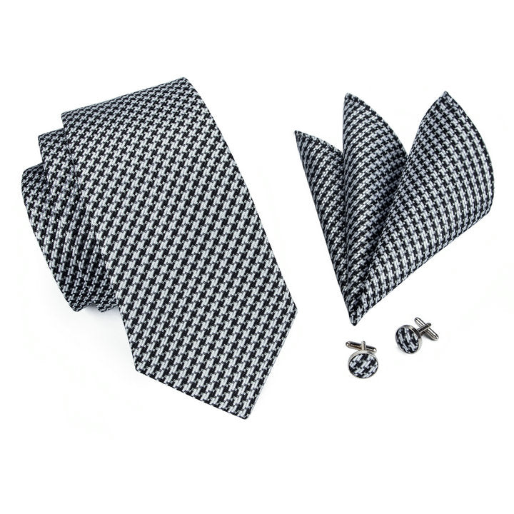 Classic Houndstooth White Black Plaid Tie Hanky Cufflinks Set