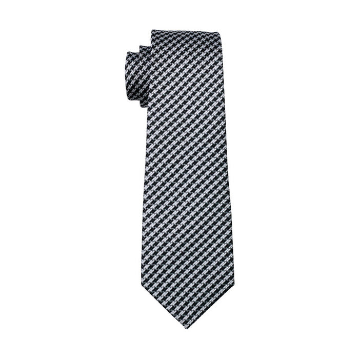 Classic Houndstooth White Black Plaid Tie Hanky Cufflinks Set