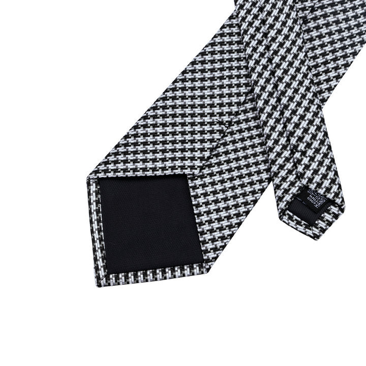 Classic Houndstooth White Black Plaid Tie Hanky Cufflinks Set