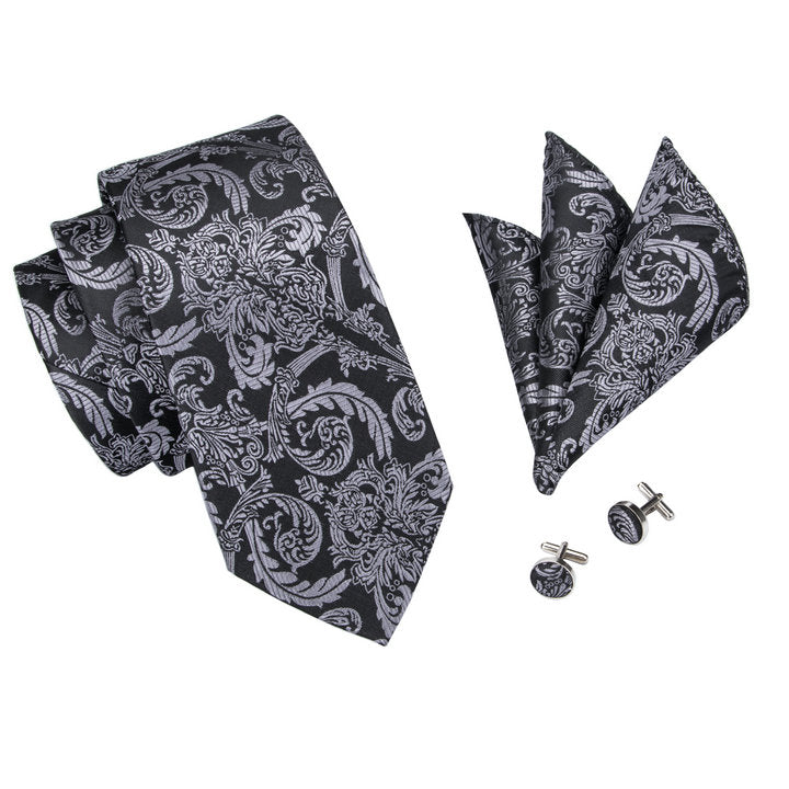  Men Beautiful Black Grey Floral Tie Pocket Square Cufflinks Set