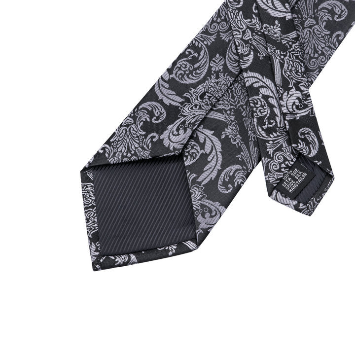  Men Beautiful Black Grey Floral Tie Pocket Square Cufflinks Set