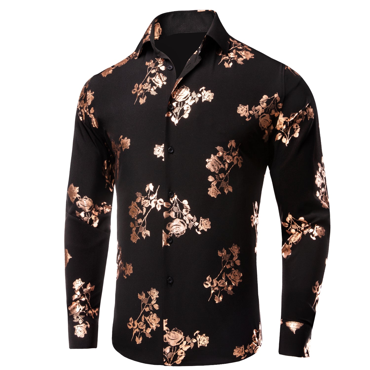 Black Rose Gold Floral Silk Men's Long Sleeve Shirt