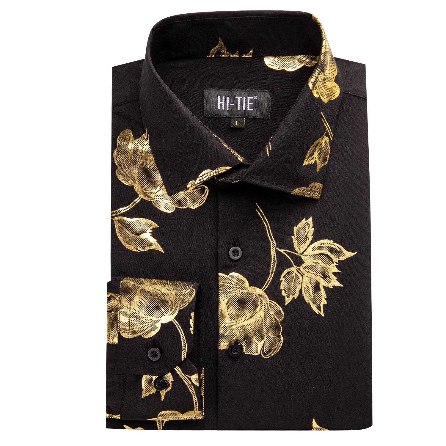 Hi-Tie Black Shirt Gold Floral Silk Men's Long Sleeve Shirt