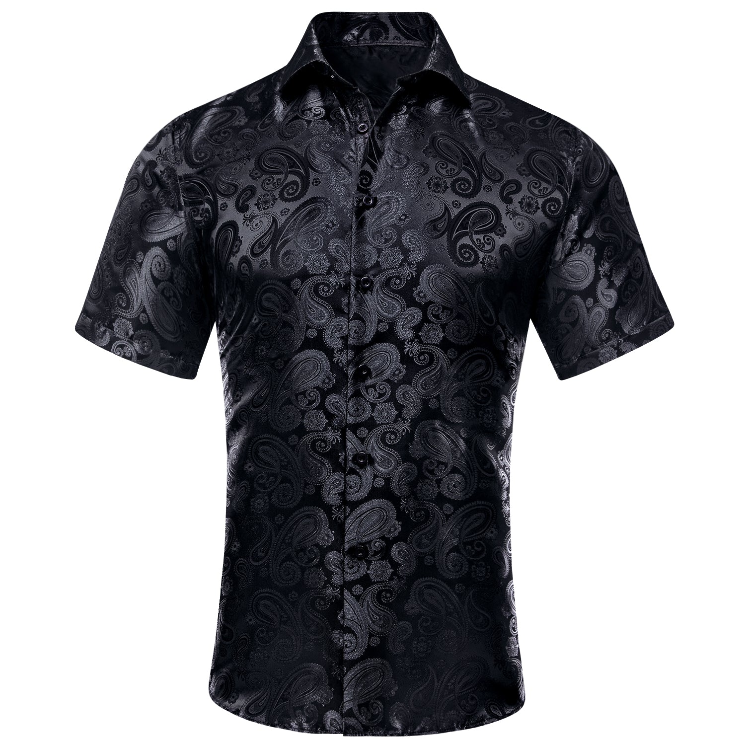 Mens Summer Top Black Paisley Silk Short Sleeve Button Up Shirt