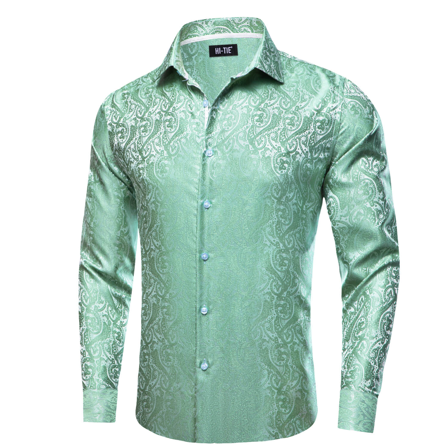 Hi Tie Men s Button Down Shirt Mint Green Jacquard Floral Silk Shirt