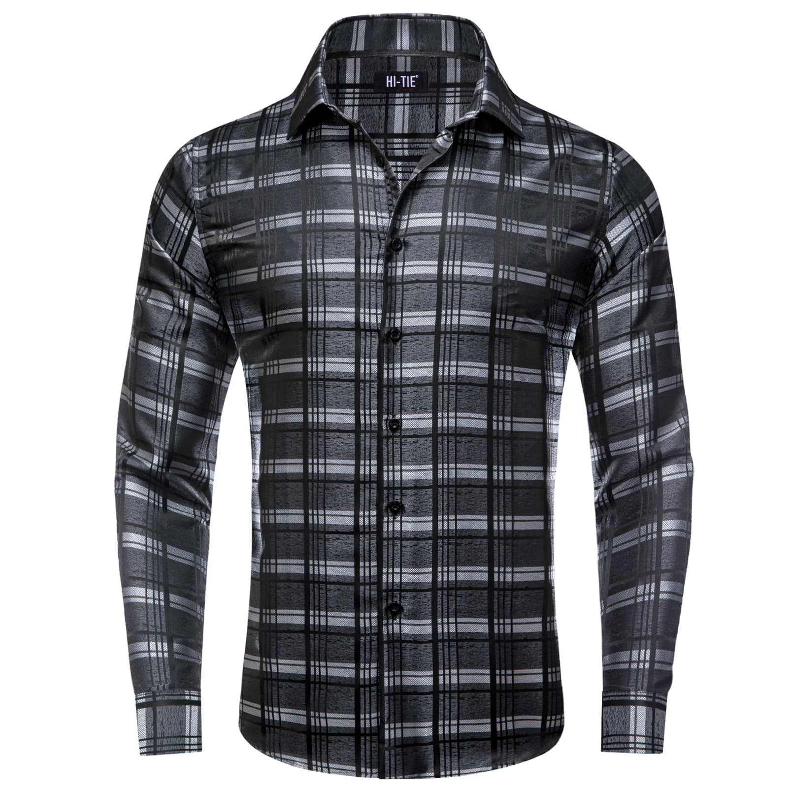 Grey Shirts Black Checkered Plaid Men's Button Up Dress Shirt