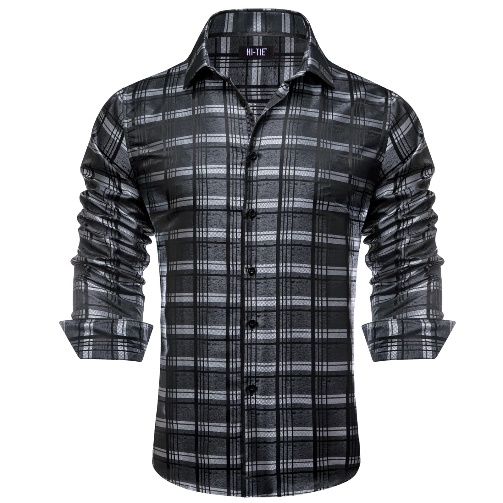 Grey Shirts Black Checkered Plaid Men's Button Up Dress Shirt