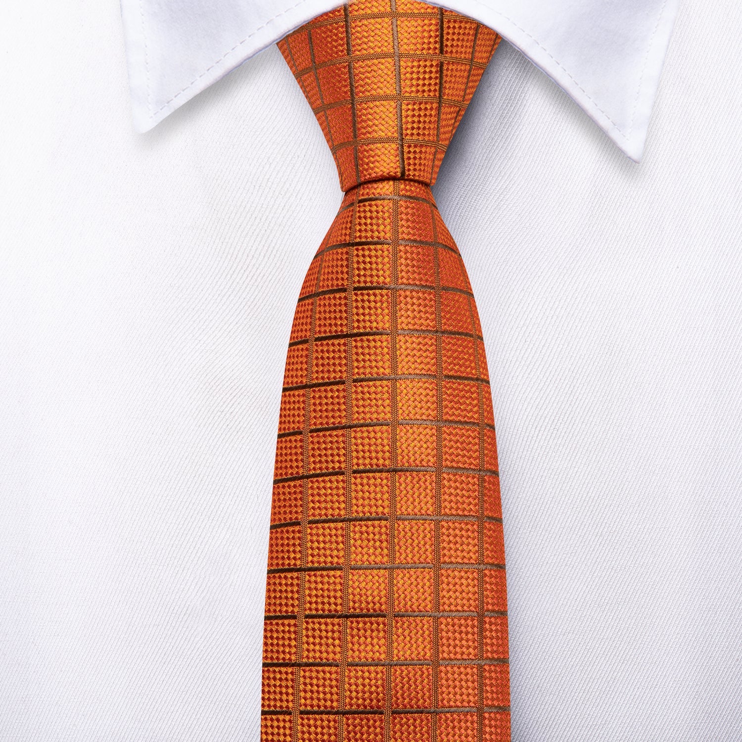 Hi-Tie Orange Tie Plaid Silk Men's Necktie Pocket Square Cufflinks Set