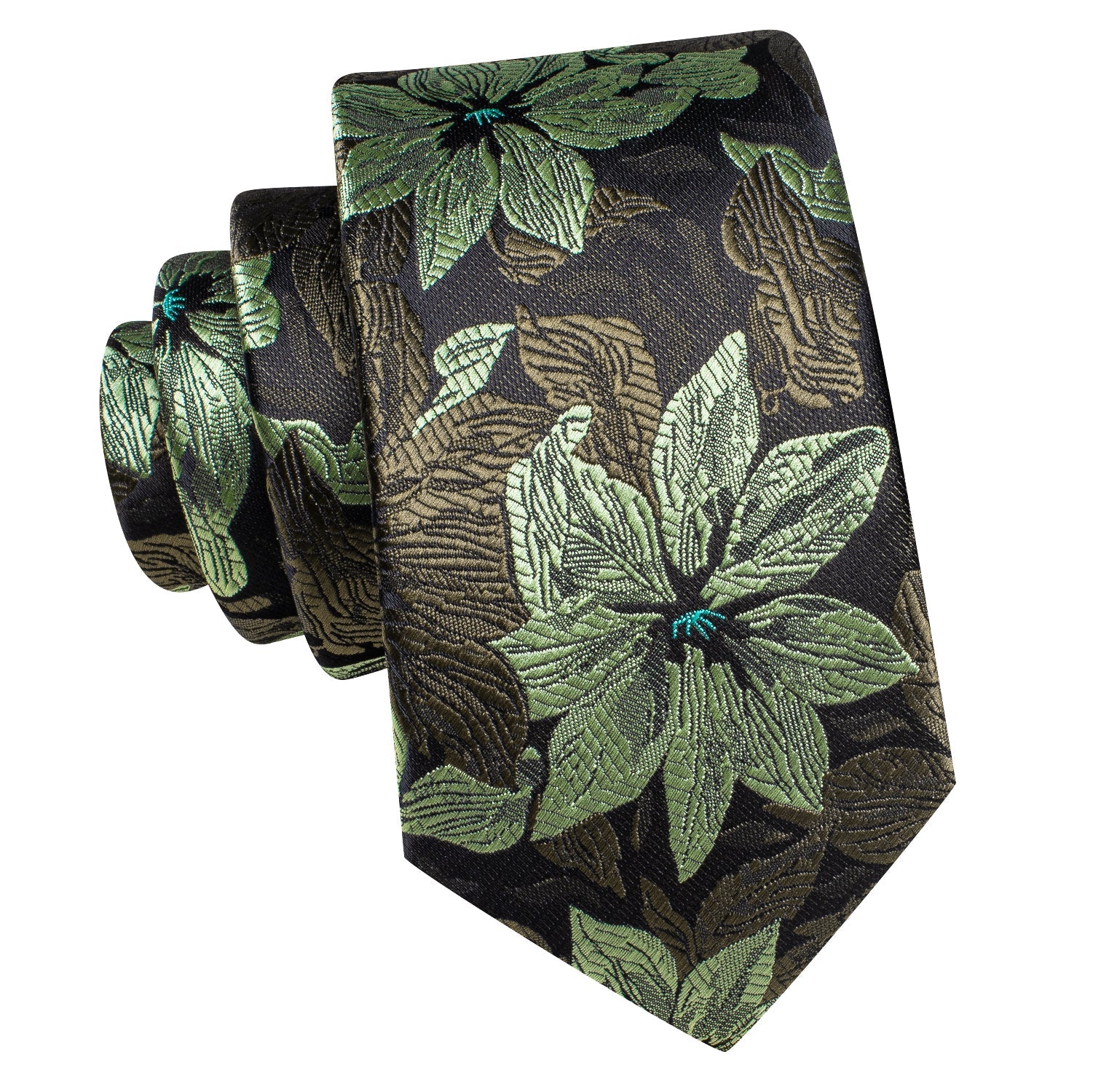 Necktie Black Green Floral Men Tie Pocket Square Cufflinks Set