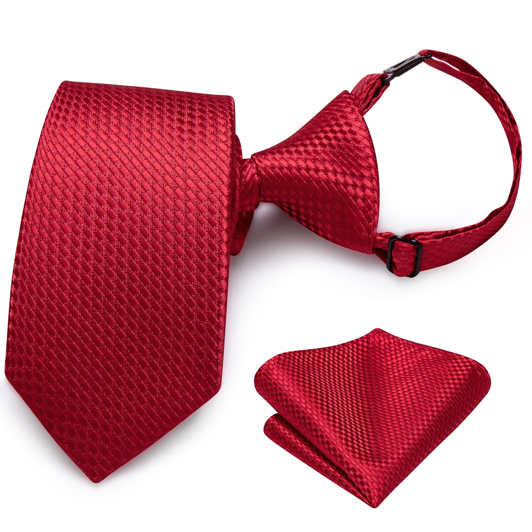 Hi-Tie Pure Red Plaid Boys Pre-tied Adjustable Tie Pocket Square